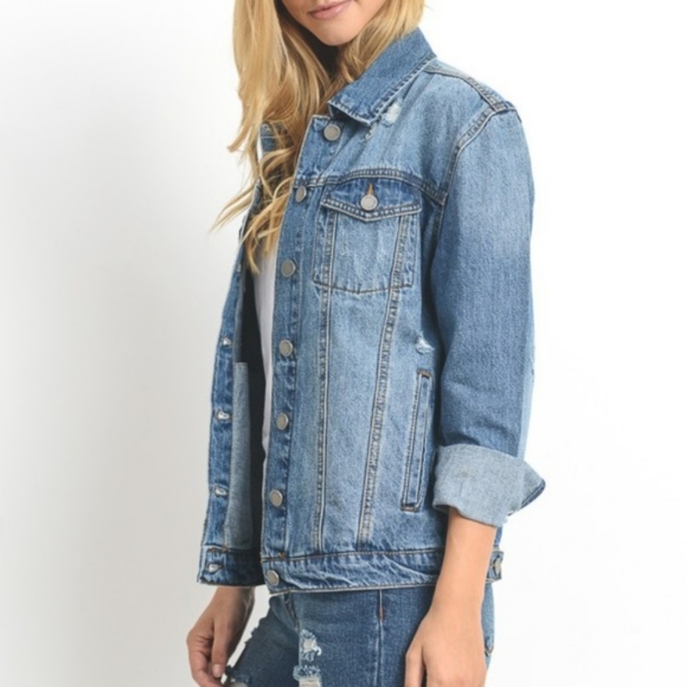 Distressed Denim Jacket Front Pocket 100% Cotton - Picture 6 of 8